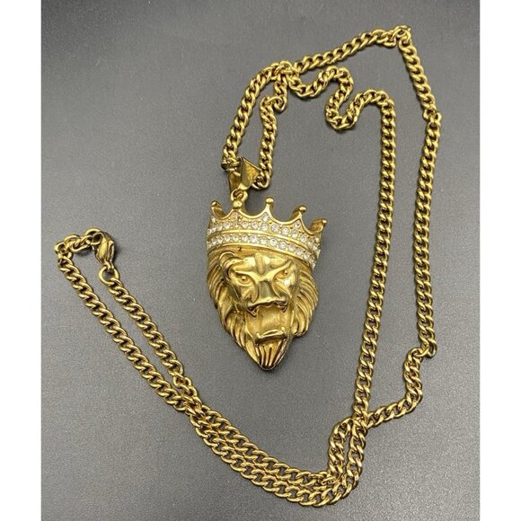 Lion Head Crown Hip Hop Gold Tone 2.25" Pendant Rhinestones 24" Curb Link Chain - Picture 3 of 6